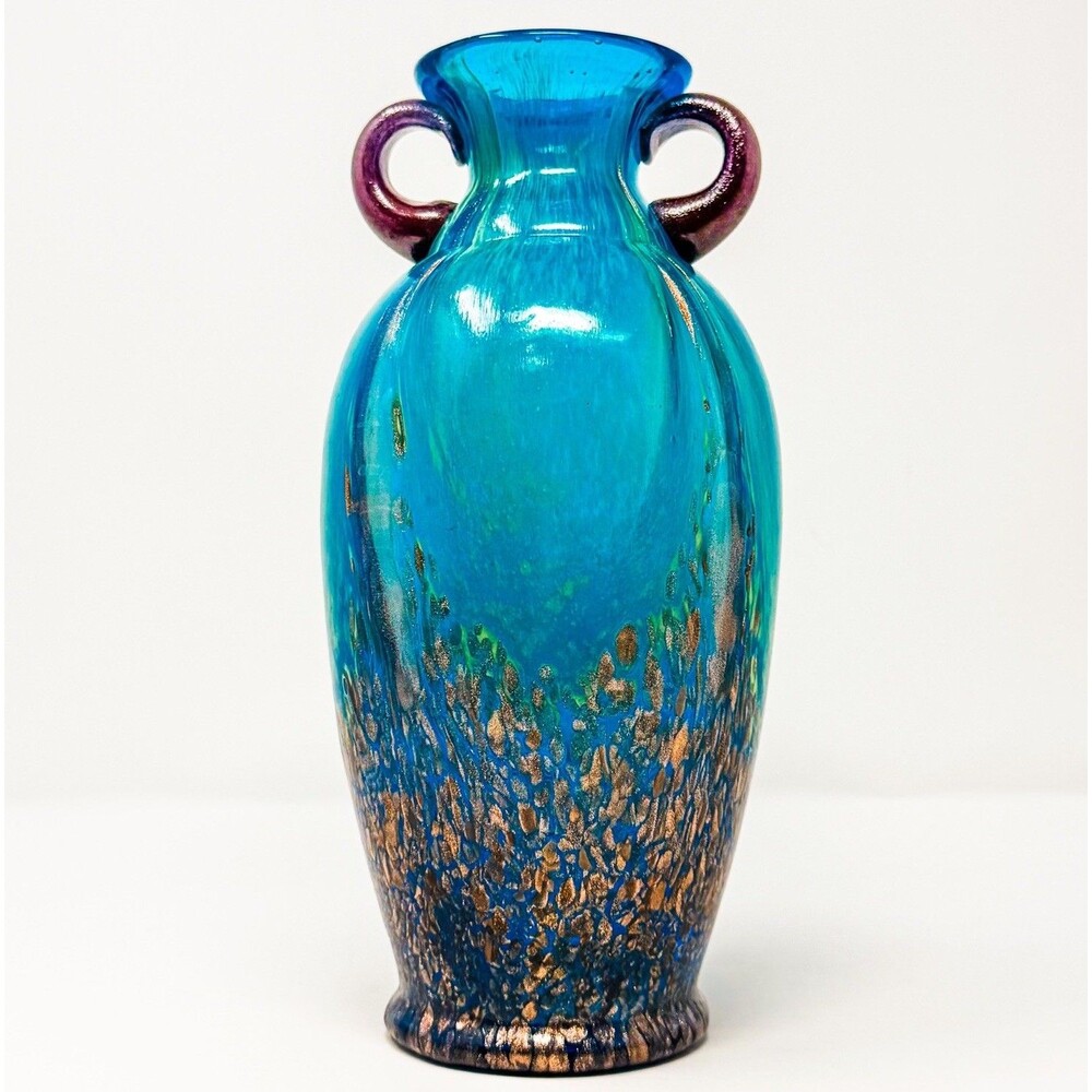 Dale Tiffany Vase Art Glass Teal Blue and Copper Applied Handles 9.5" Tall